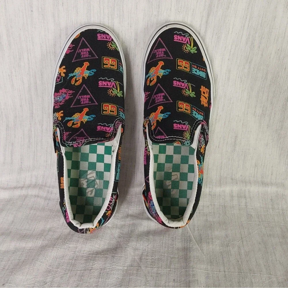 Vans Classic Slip-On Market Black Neon Signs Seafood Mens 8 Womens 9.5